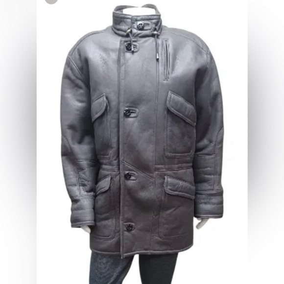 Zaklady Futrzarskie Vintage  Gray Leather Sherpa Lined Coat Size 52 - Picture 1 of 14